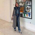 Women's Elegant Longer Blazer with Fine Plaid Pattern and Fluffy Collar