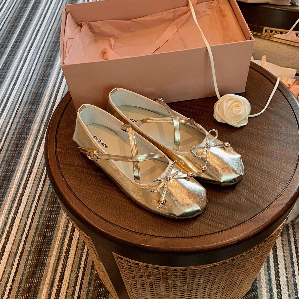 Women's Ballet Flats with Fine Straps and Bow Detail