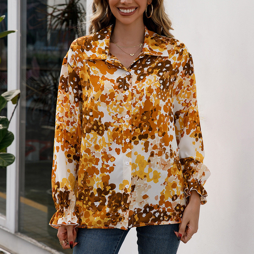 Women's Elegant Floral Print Blouse with Wide Sleeves