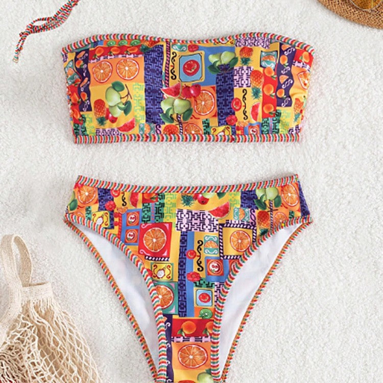 Women's Bandeau Bikini with Colorful Fruit Pattern
