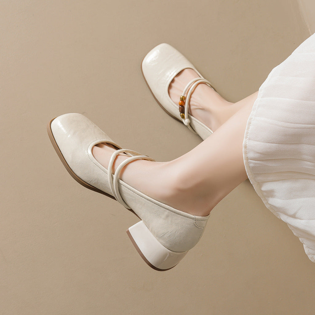 Women's Ballet Flats with Decorative Strap and Comfortable Block Heel