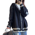 Women's Chunky Knit Cardigan with Unique Cable Structure and Decorative Stars