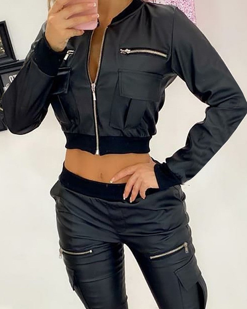 Women's Fashionable Bomber Jacket Set with Practical Pockets and Zipper