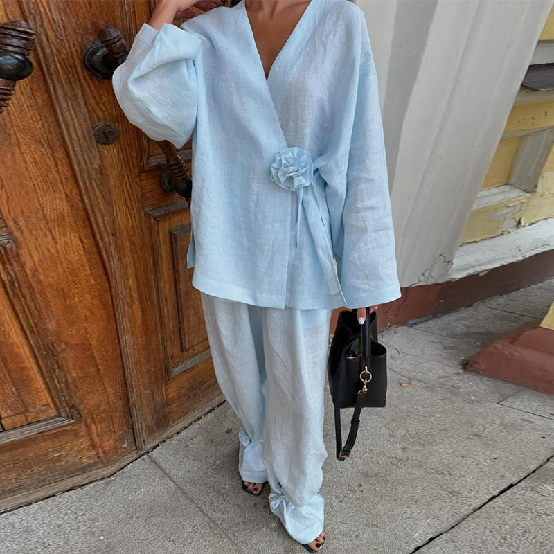 Women's Elegant Linen Suit with Refined Ruffles