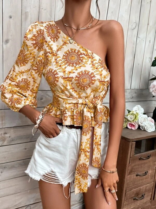 Women's Asymmetrical Top with Voluminous Sleeve and Waist Belt