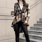 Elegant and Flowing Plaid Jacket with Asymmetric Hem