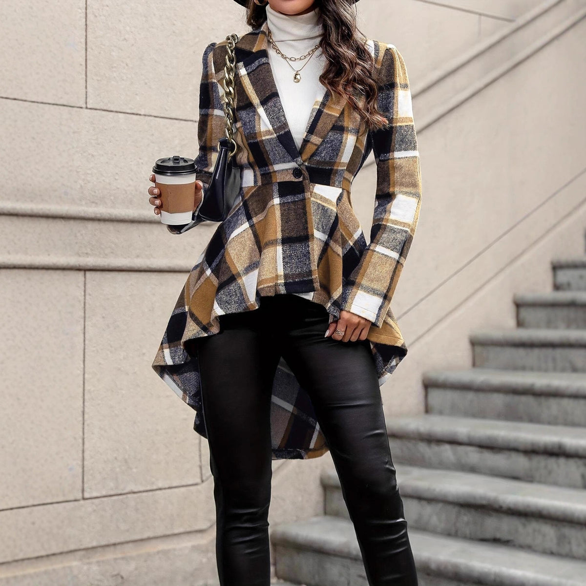 Elegant and Flowing Plaid Jacket with Asymmetric Hem