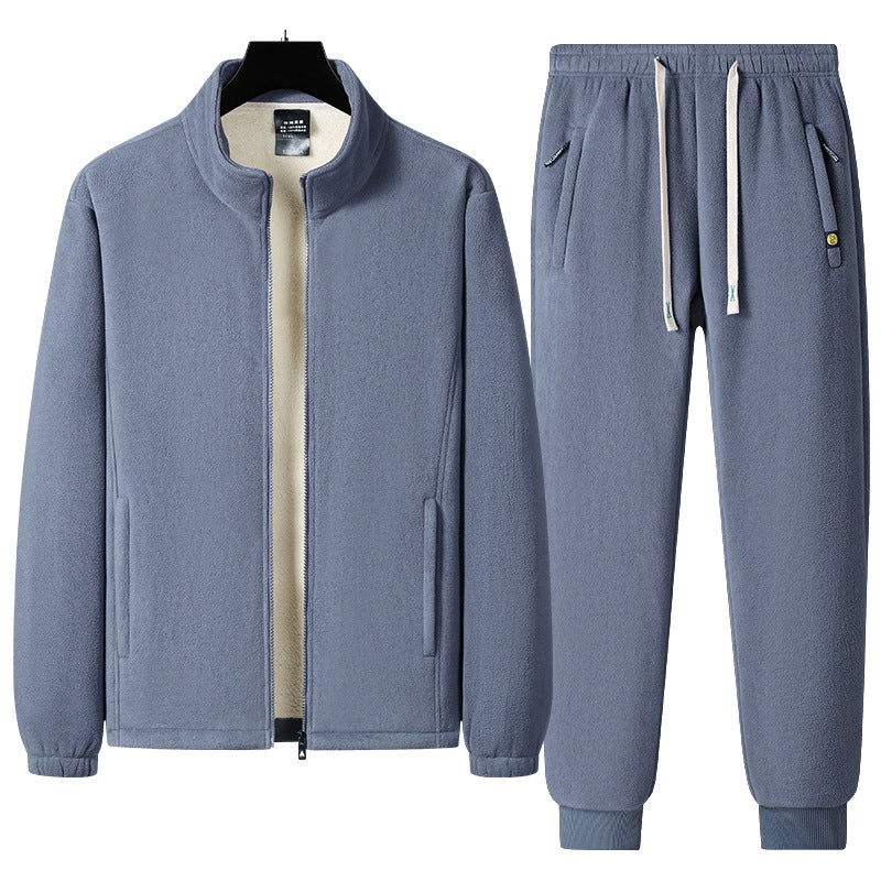 Men's three-piece fleece set with padded vest, stand-up collar jacket, and joggers