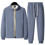 Men's three-piece fleece set with padded vest, stand-up collar jacket, and joggers