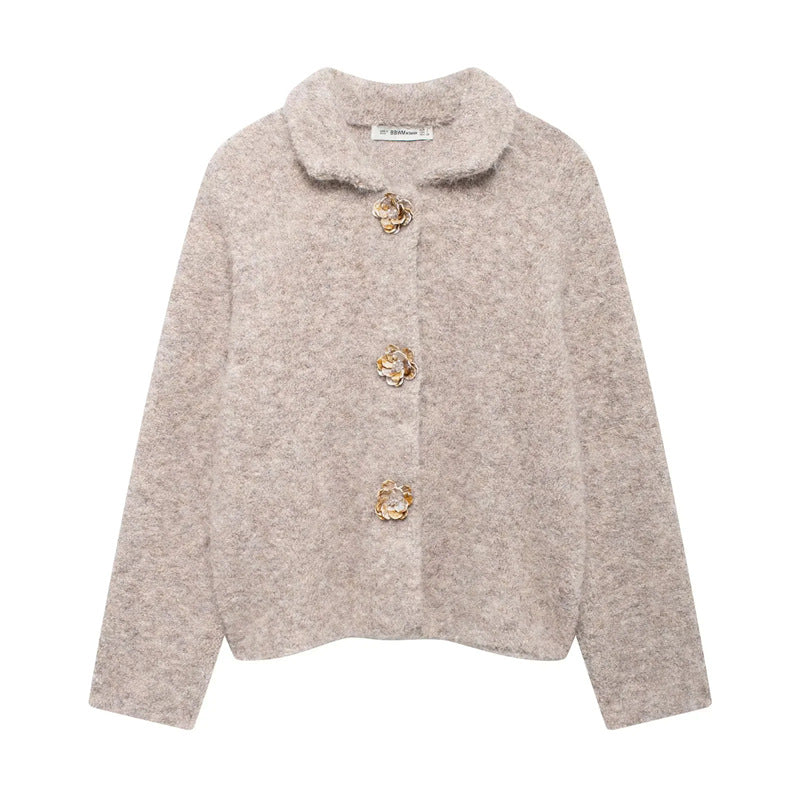 Women's Fluffy Cardigan with Decorative Flower Buttons