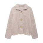 Women's Fluffy Cardigan with Decorative Flower Buttons