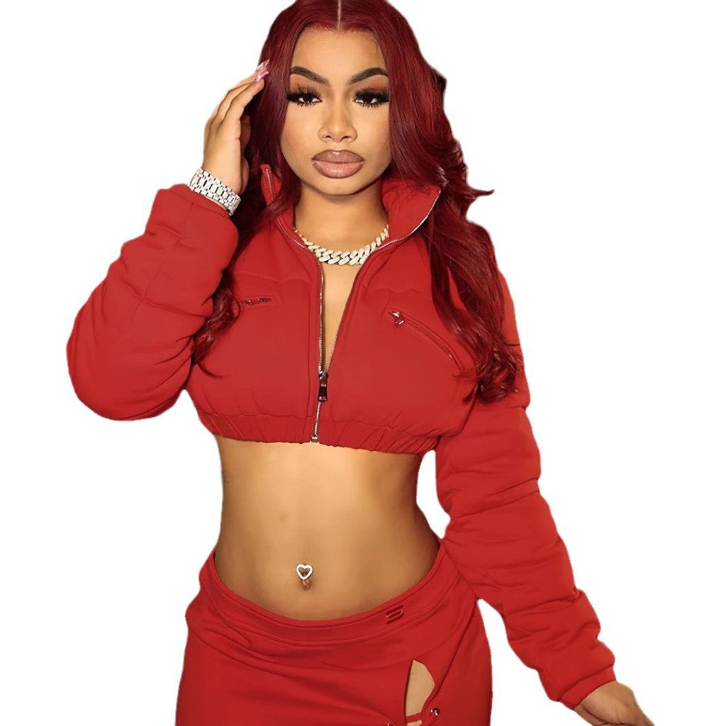 Women's Cropped Sports Jacket with Stylish Stand-Up Collar