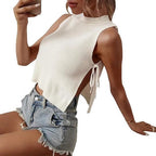 Women's Sleeveless Knit Top with Generous Cut and Tie Detail