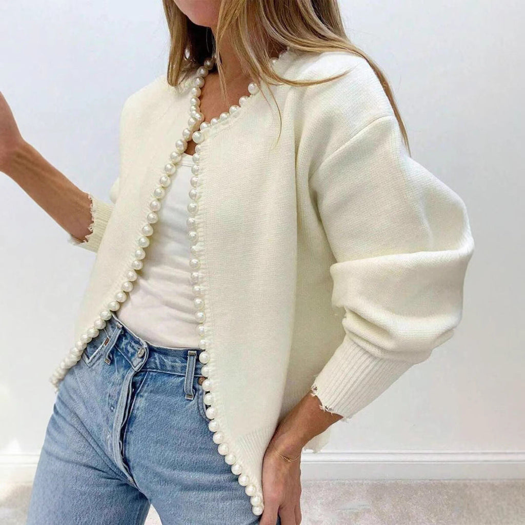 Women's Elegant Knit Cardigan with Pearl Embellishment