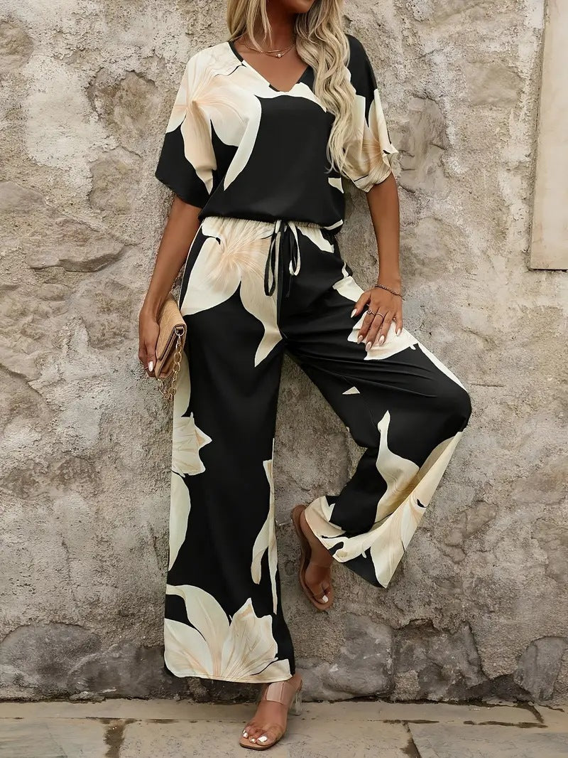 Women's Airy Floral Print Pantsuit with Elastic Waistband