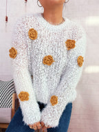 Cozy Fluffy Sweater with Playful Floral Appliqués