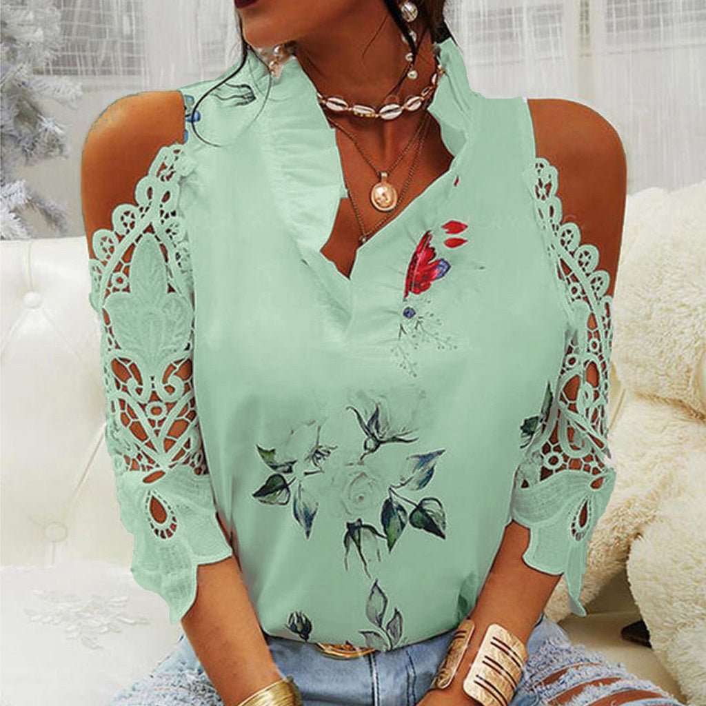 Women's Blouse with Cut-Out Sleeves and Floral Design
