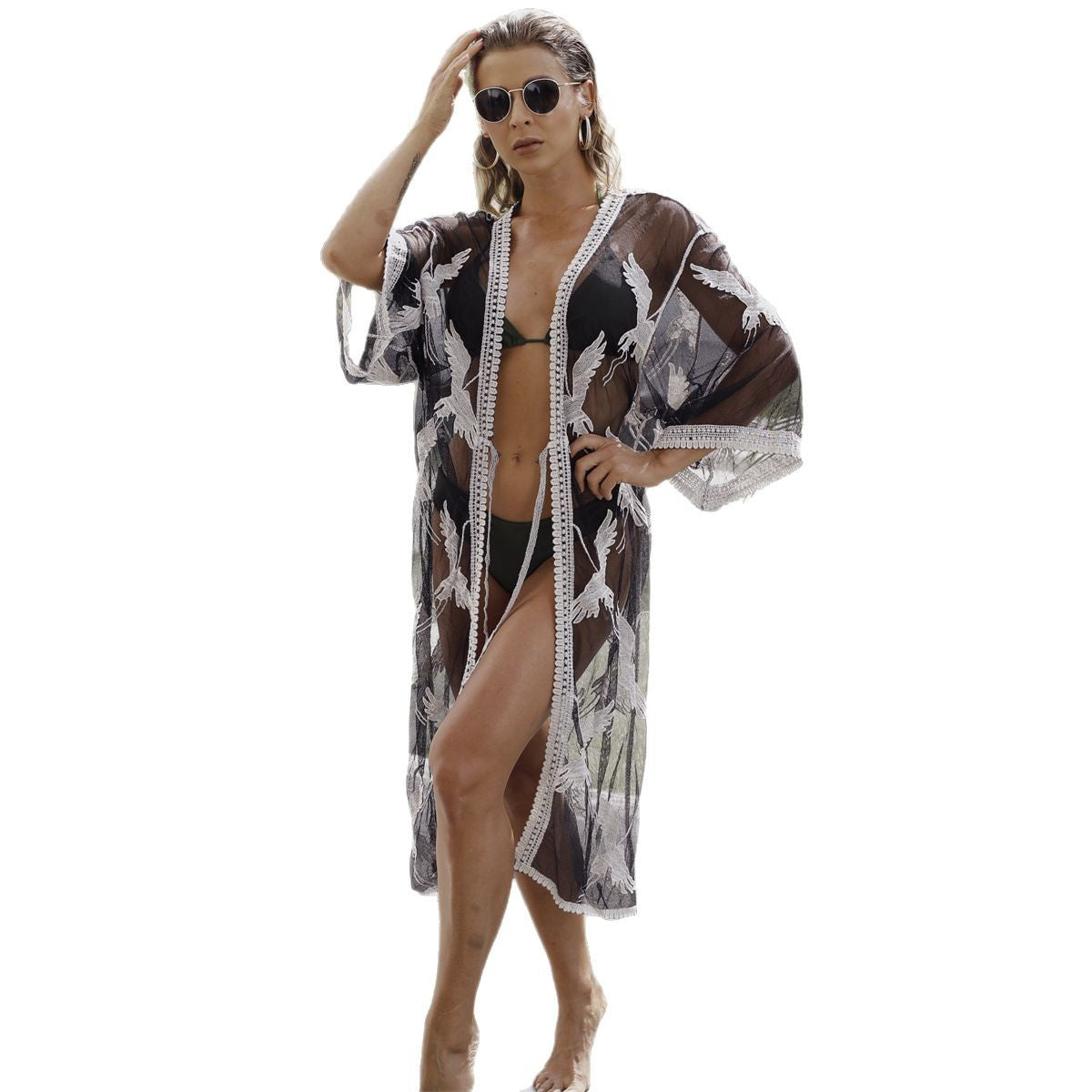 Women's Elegant Beach Cover-Up with Floral Pattern and Tie Belt