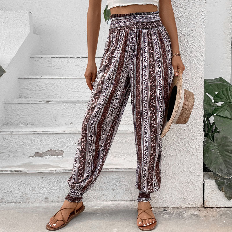 Women's Bohemian Style Casual Pants with Elastic Waist and Floral Pattern