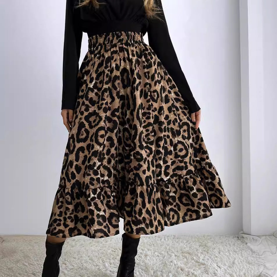 Women's Midi Skirt with Ruffles and Animal Print