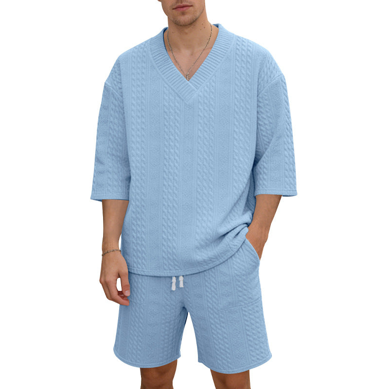 Unisex Casual Lounge Set with V-Neck Top and Drawstring Shorts