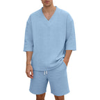 Unisex Casual Lounge Set with V-Neck Top and Drawstring Shorts
