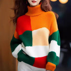 Women's Chunky Knit High-Neck Sweater with Color Block Design