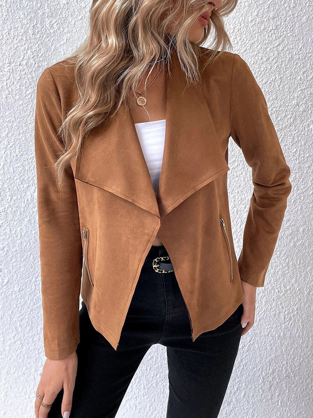 Women's Elegant Velour Jacket with Asymmetric Lapel and Zipper Pockets