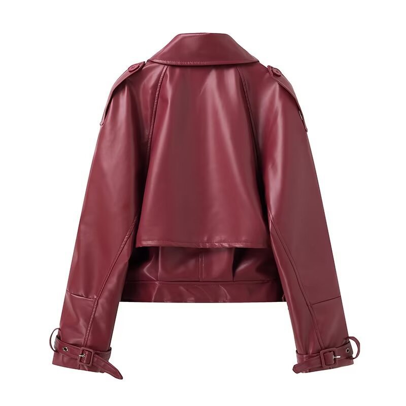 Women's Cropped Faux Leather Jacket with Asymmetric Collar