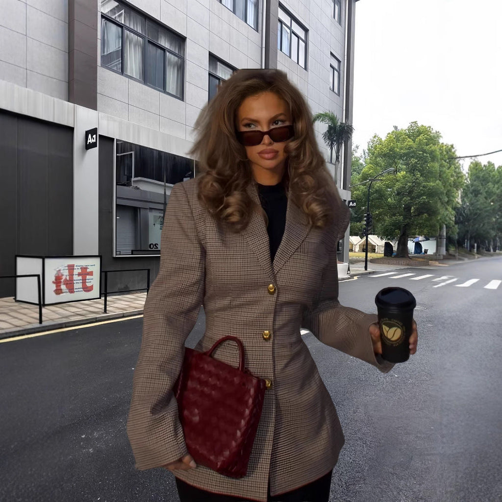 Elegant Plaid Jacket with Structured Cut and Gold Buttons