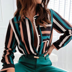 Women's Long-Sleeve Blouse with Modern Stripe Pattern and Elegant Button Placket