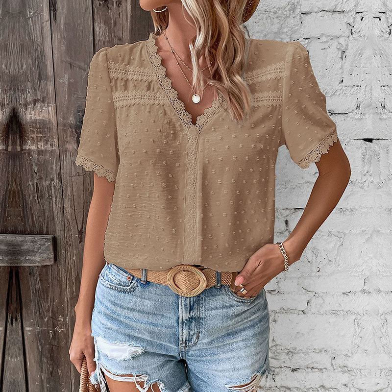 Women's Short-Sleeve Blouse with Lace Trim