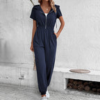 Women's Hooded Jumpsuit with Practical Zipper and Elastic Waist