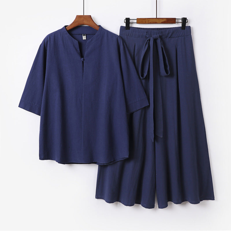 Women's Casual Linen-Viscose Lounge Set with Stand Collar Top and Wide Palazzo Pants