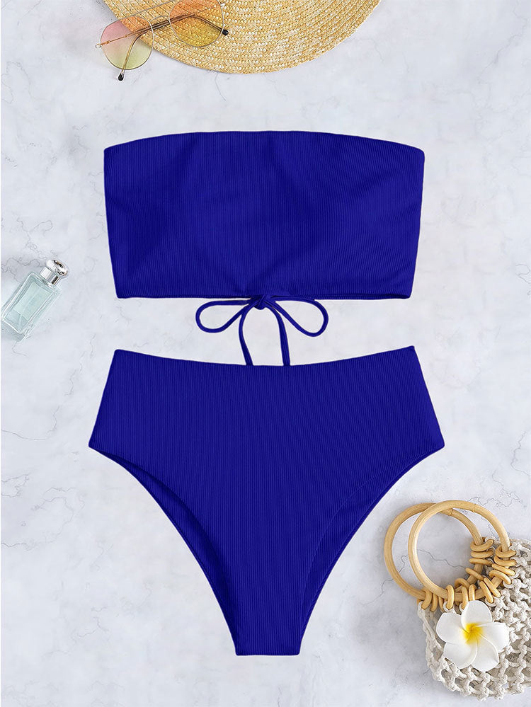 Women's High-Waisted Striped Bandeau Bikini