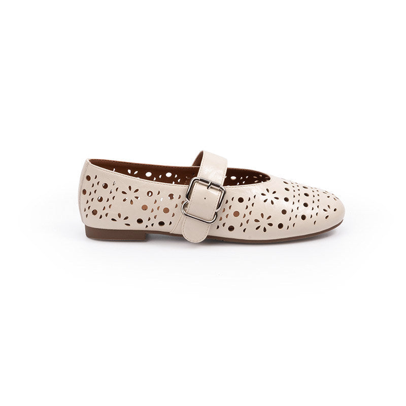 Women's Ballet Flats with Floral Cut-Outs and Adjustable Strap