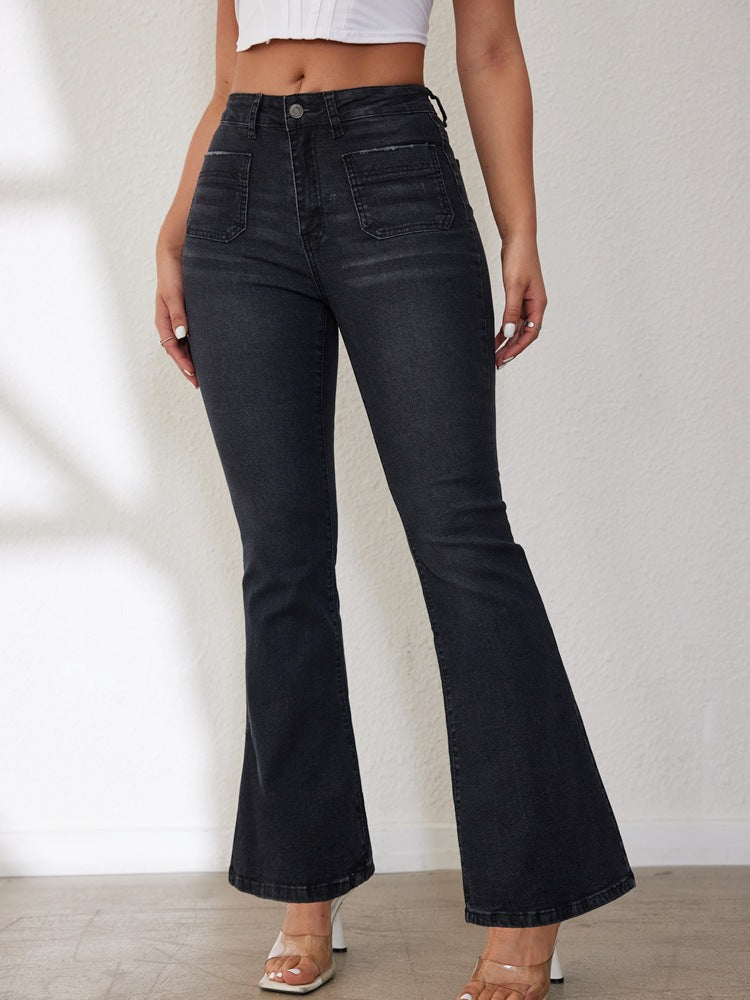 Women's Flared Jeans with High Waist and Side Pockets