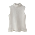 Women's Sleeveless Knit Top with Elegant Mock Neck and Fringed Hem