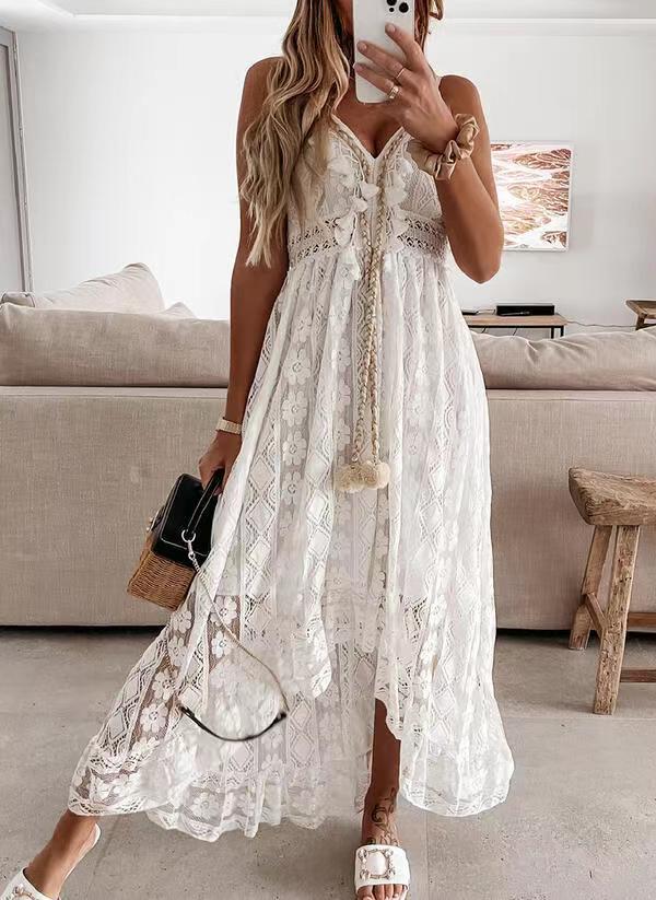 Boho Maxi Dress with Lace Accents and Decorative Tassels