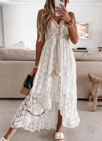 Boho Maxi Dress with Lace Accents and Decorative Tassels