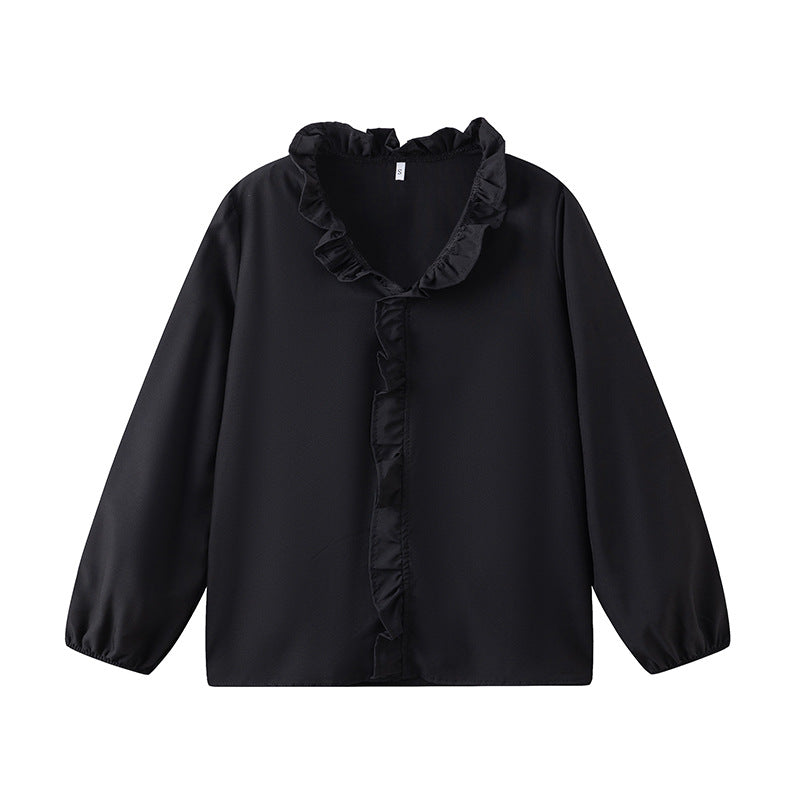 Women's Blouse with Ruffle Details and Stand-up Collar