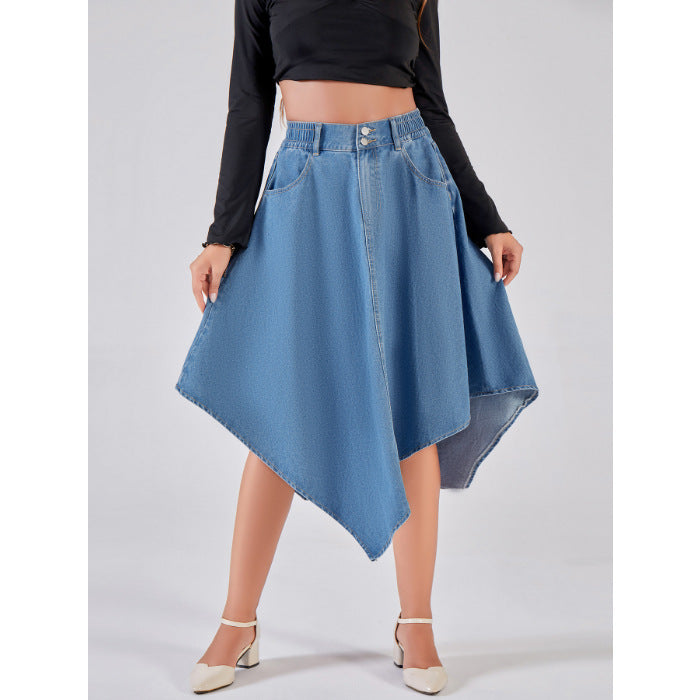 Women's Asymmetrical Denim Skirt with Attractive Hem Design