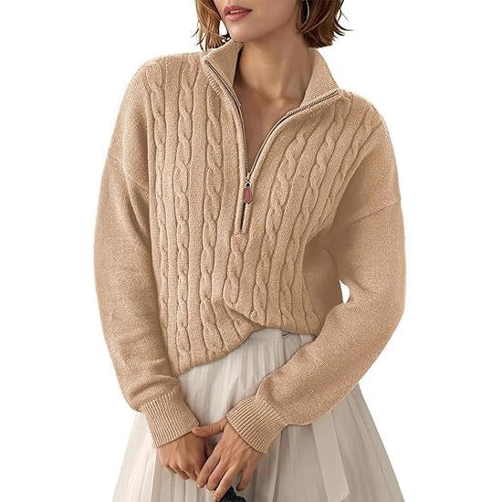 Women's Chunky Knit Sweater with Mock Neck and Half-Zip