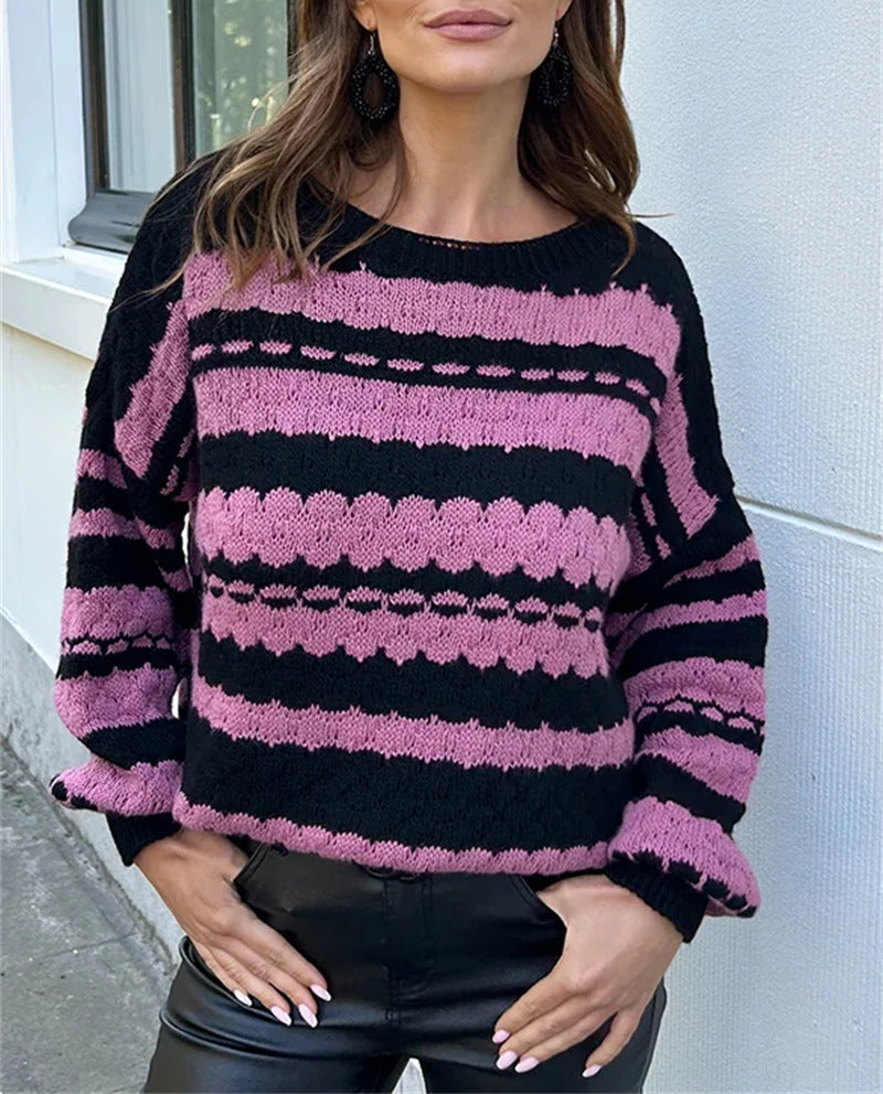 Women's Cozy Knit Sweater with Cable Knit Pattern and Graphic Accents