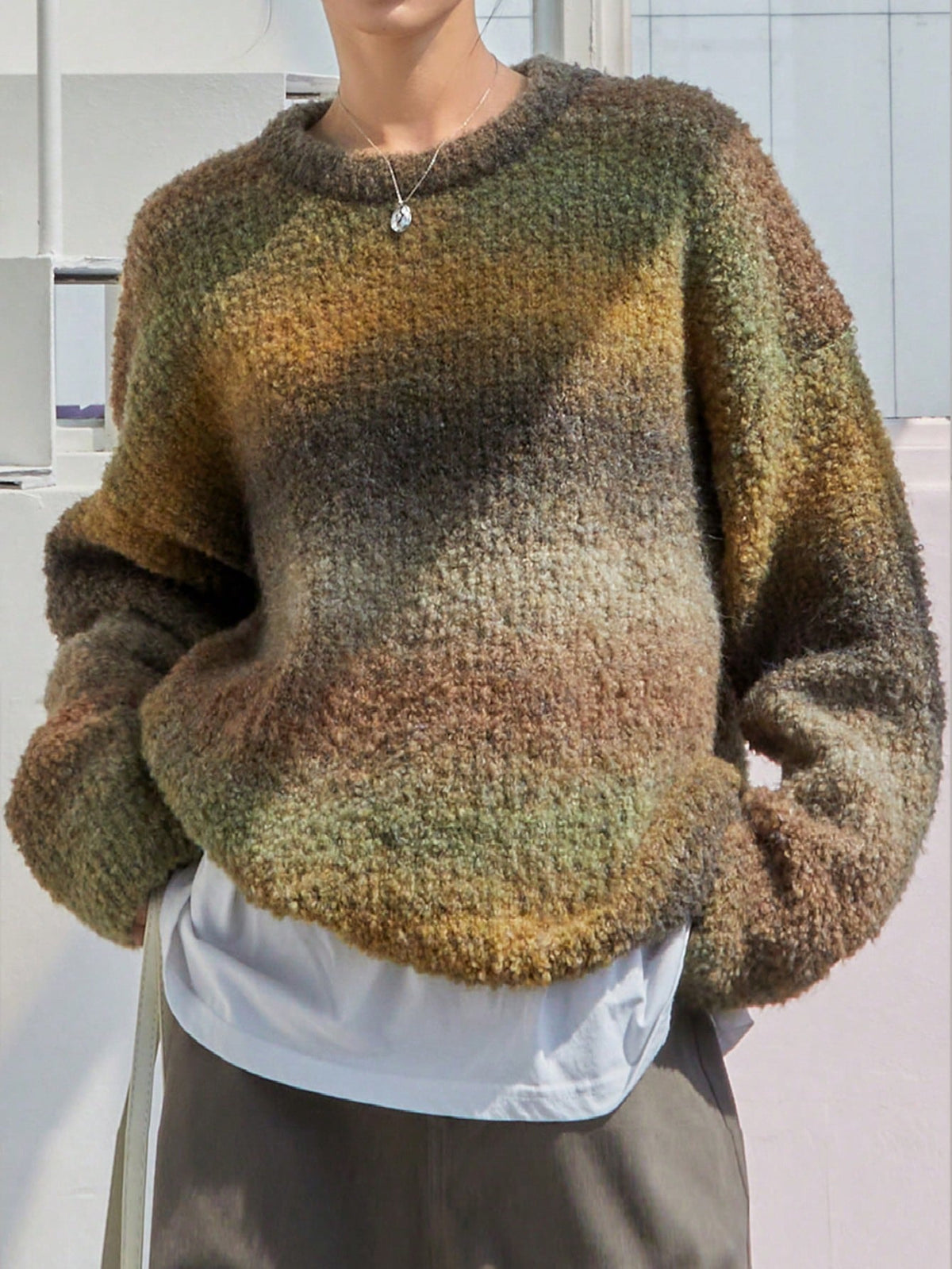 Women's Fluffy Sweater with Textured Gradient and Loose Fit