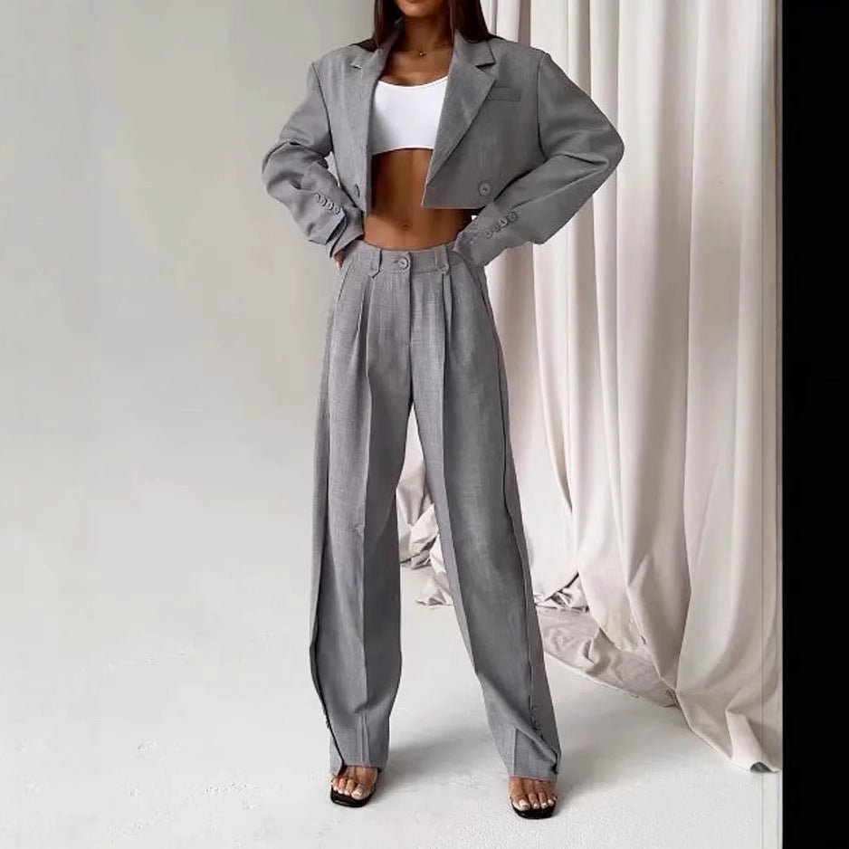 Women's Fashionable Two-Piece Suit with Cropped Blazer and Wide Waistband