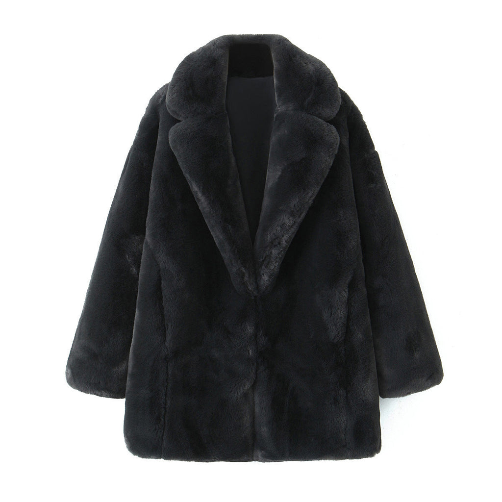 Women's Fluffy Oversized Faux Fur Coat with Deep Lapel