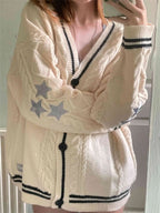 Women's Chunky Knit Cardigan with Decorative Stars and Contrast Trim
