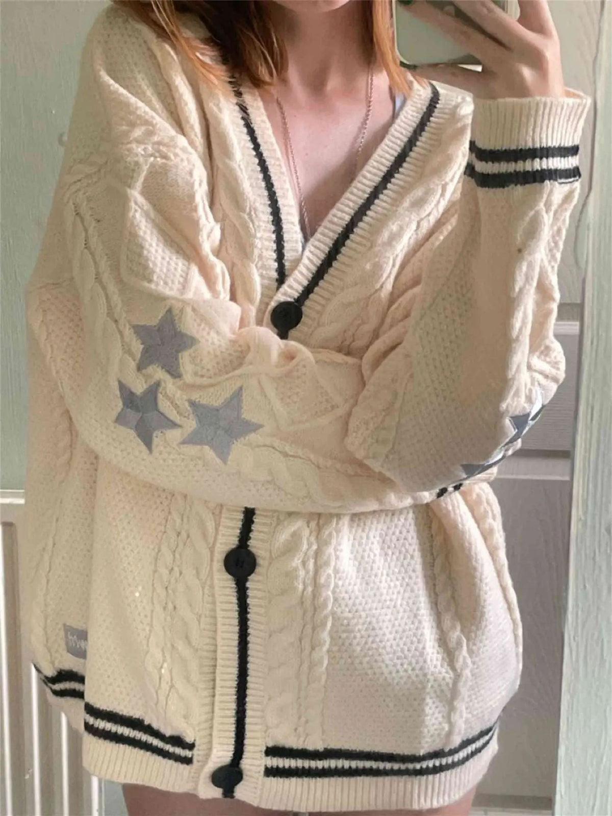 Women's Chunky Knit Cardigan with Decorative Stars and Contrast Trim