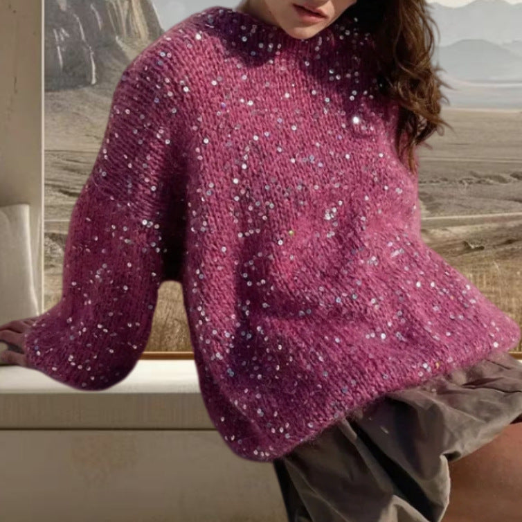 Women's Glitter Knit Sweater with Wide Cut